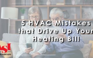 Image: an older couple sits on the couch and goes over their bills, cover for 5 HVAC Mistakes that Drive Up Your Heating Bill.