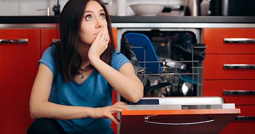 Image: a woman sitting next to her broken dishwasher.